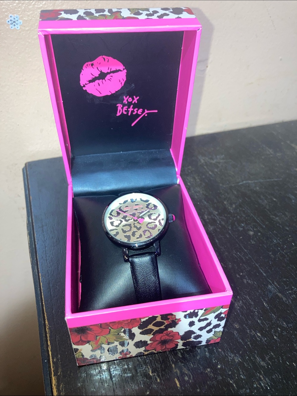 Betsey Johnson Black Strap Watch with Pink and Gold Leopard Dial
